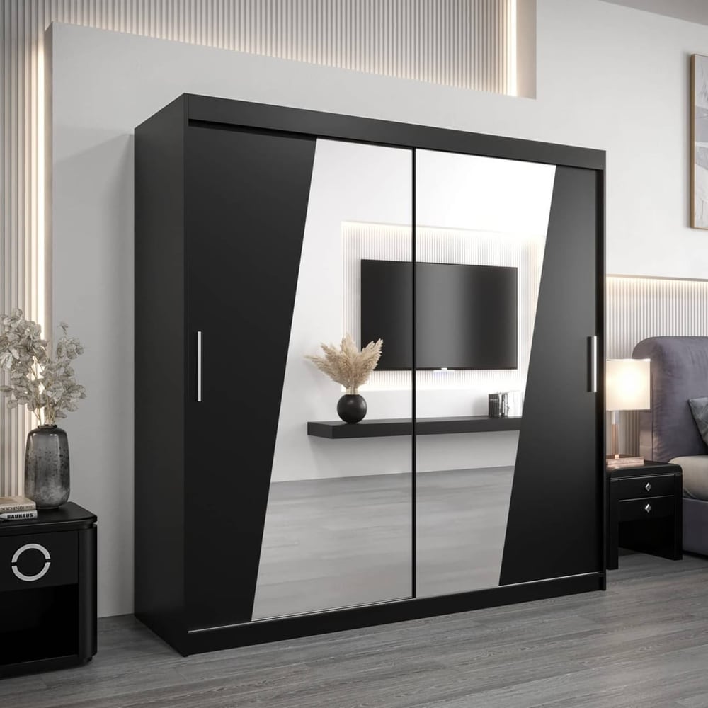 Rhomb Sliding Door Wardrobe 200cm in black with mirrored panels in a modern bedroom setting