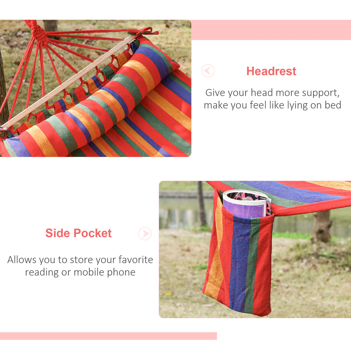 Outsunny Cotton Hammock, Soft Portable Swing Sleeping w/ Headrest & Side Pocket, Deluxe Swing Chair for Beach, Garden, Bedroom, Patio, Porch, Indoor, Outdoor, 270 x 80 cm, Rainbow Stripes