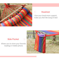 Outsunny Cotton Hammock, Soft Portable Swing Sleeping w/ Headrest & Side Pocket, Deluxe Swing Chair for Beach, Garden, Bedroom, Patio, Porch, Indoor, Outdoor, 270 x 80 cm, Rainbow Stripes