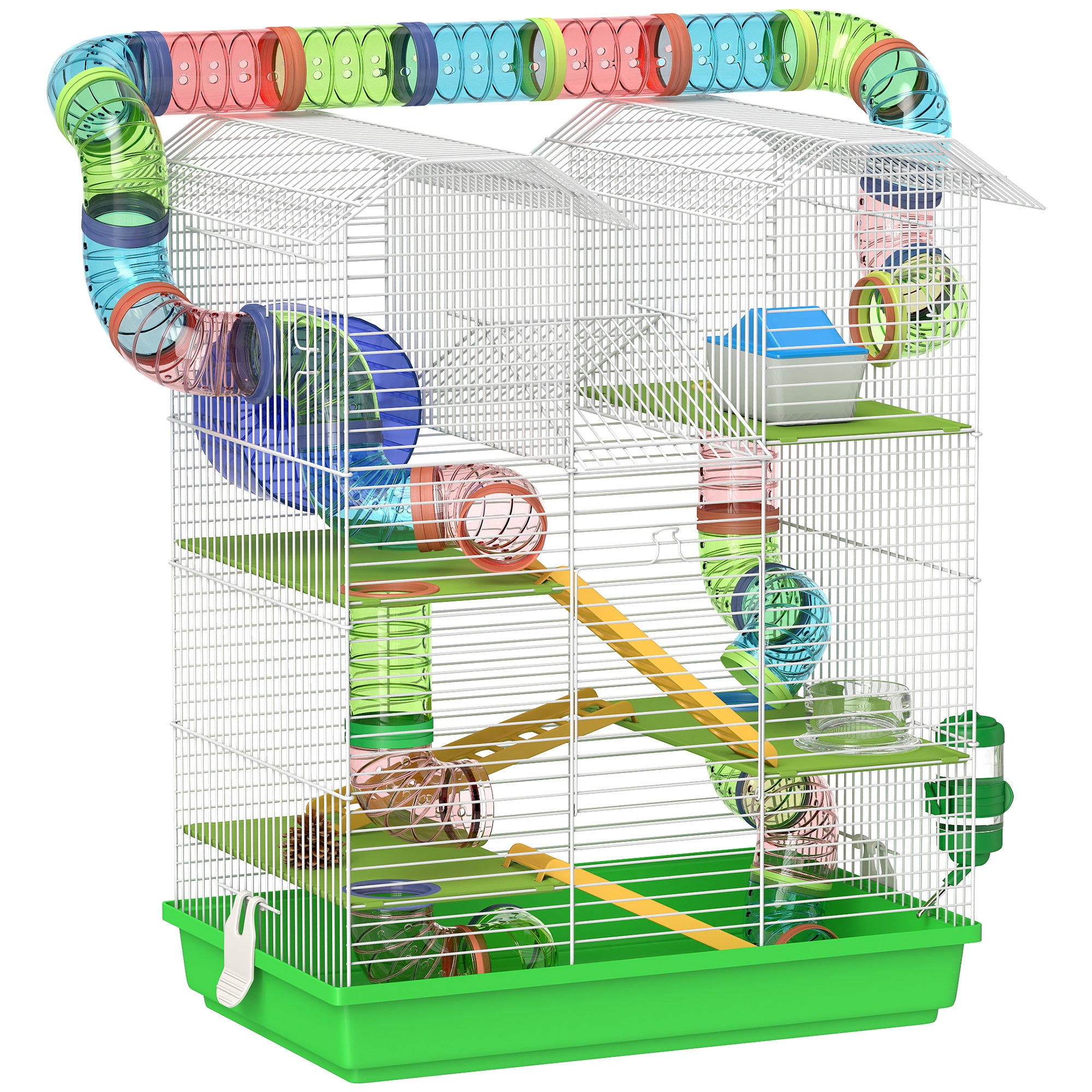 PawHut 5 Tier Hamster Cage Carrier Habitat with Exercise Wheels Tunnel Tube Water Bottle Dishes House Ladder for Dwarf Mice, Green