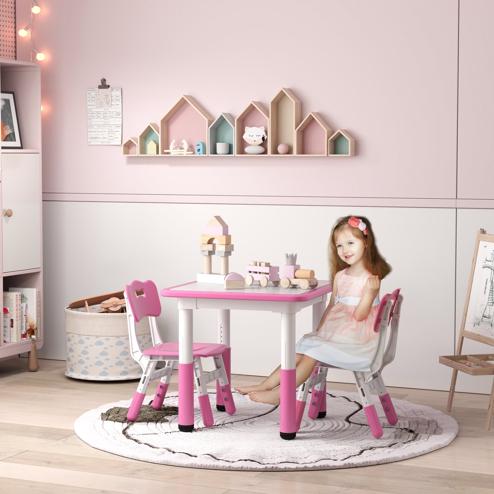 AIYAPLAY Height Adjustable Toddler Table and Chair Set, 3-Piece Children Activity Table w/ 2 Chairs for Playroom, Bedroom - Pink