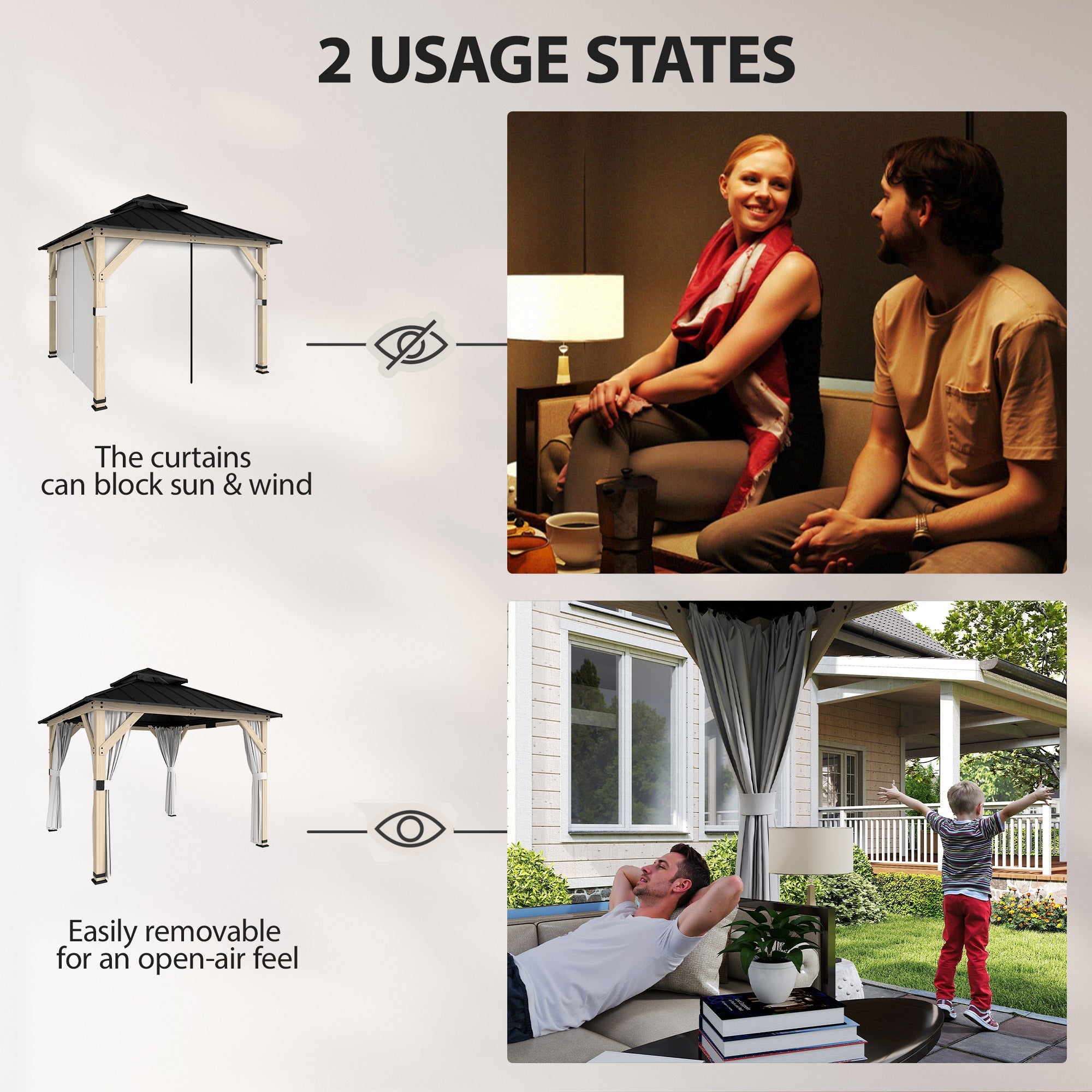 Outsunny 3 x 3 m Outdoor Hardtop Gazebo Canopy with 2-Tier Steel Roof, Wood Garden Gazebo with Curtains, Light Grey