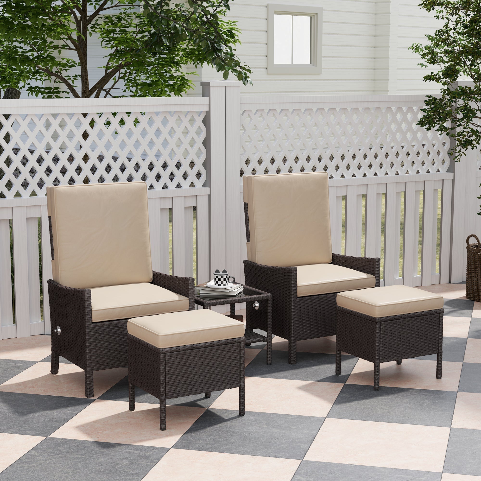 Outsunny 5 Piece Rattan Garden Furniture Set, Wicker Patio Sofa Set with 2 Armchairs, 2 Footstools, Glass Top Coffee Table with Shelf, Outdoor Furniture with Adjustable Backrests, Cushions, Khaki