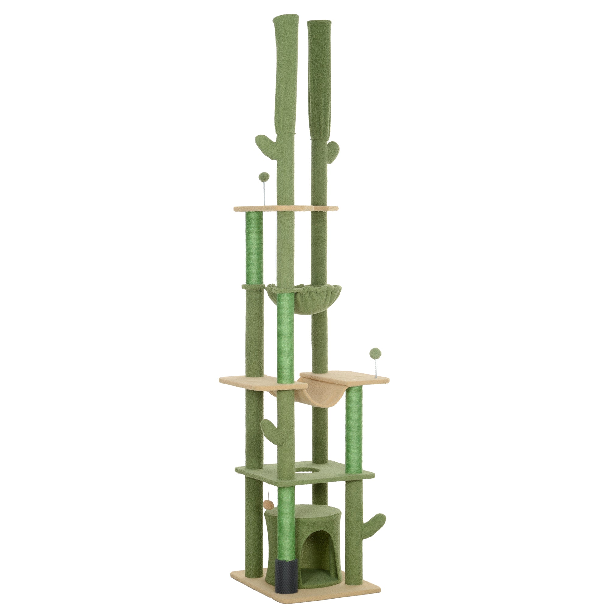 PawHut 225-255cm Adjustable Floor to Ceiling Cat Tree, Tall Cat Tower for Indoor Cats w/ Scratching Posts, Green