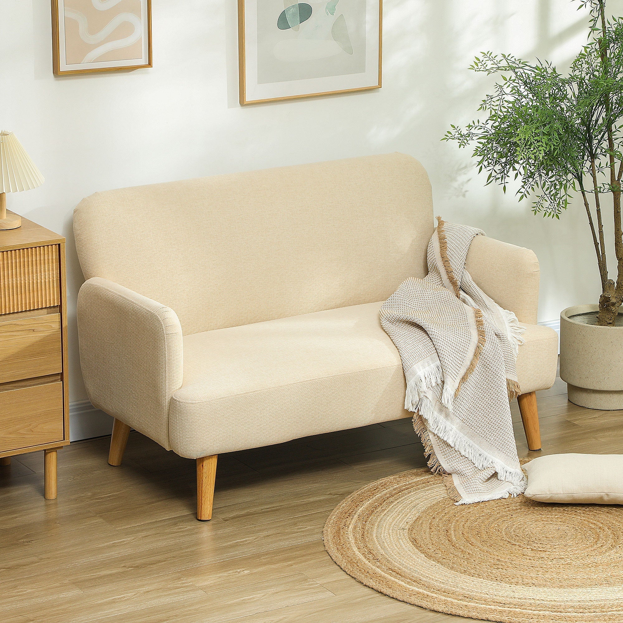 HOMCOM Velvet Feel Fabric 2 Seater Sofa, Small Sofa Loveseat with 21cm Thick Padding and Wood Legs, Cream White