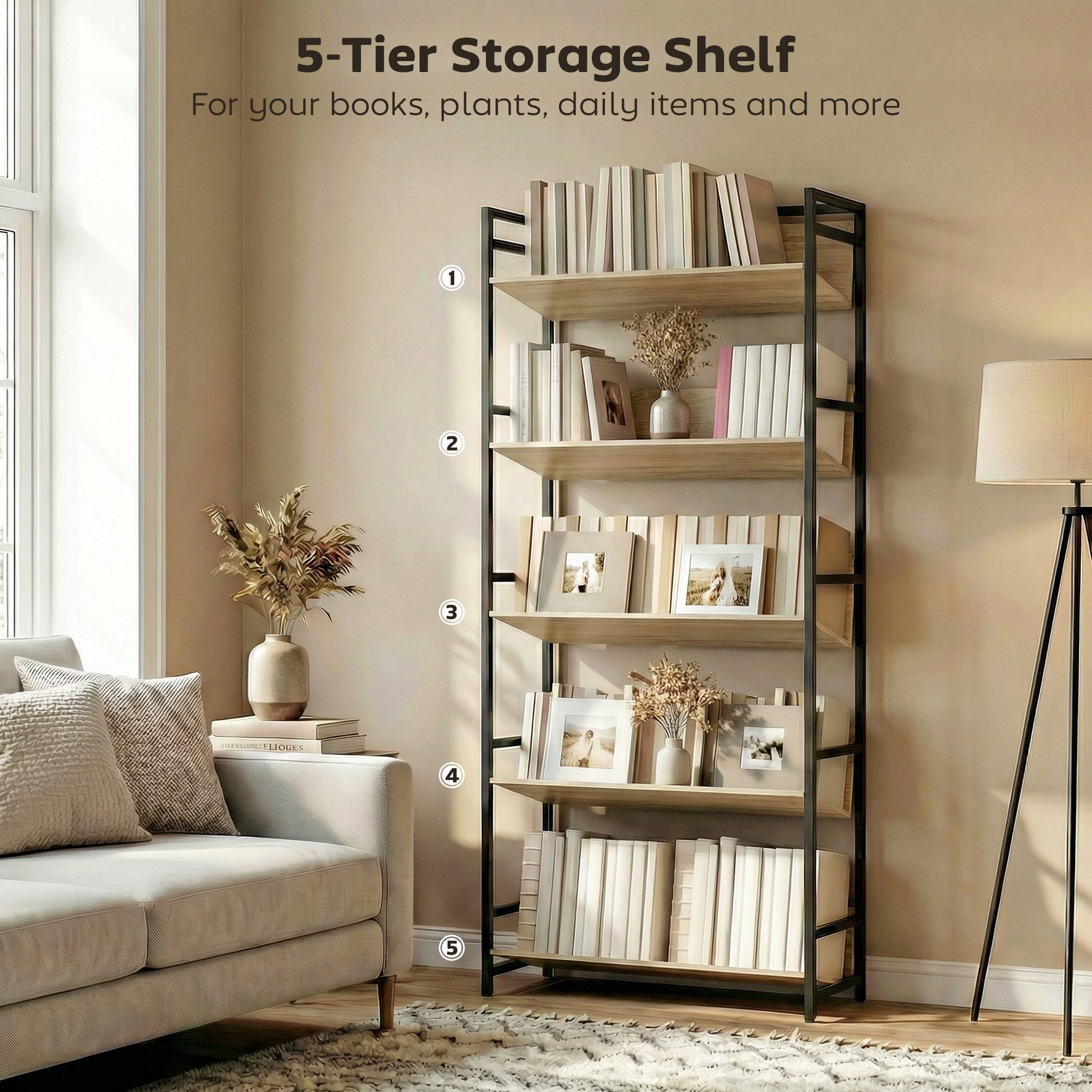 HOMCOM Bookshelf 5-Tier Metal Frame Room Divider Bookcase Storage Shelves for Living Room Oak