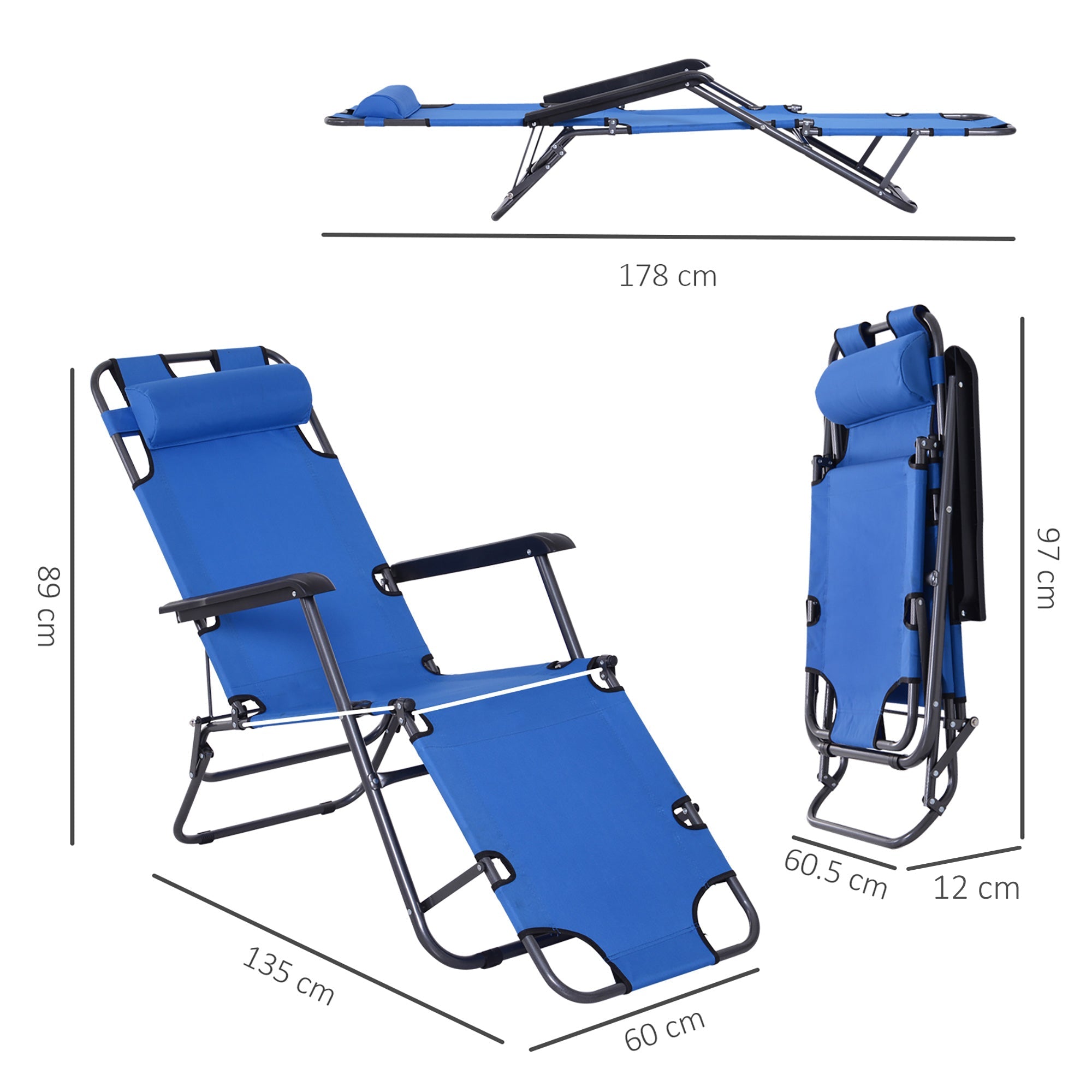 Outsunny 2 in 1 Folding Sun Lounger Reclining Garden Chair Set of 2 with 2-Level Adjustable Backrest, Outdoor Zero Gravity Recliner Garden Chairs with Head Pillow and Armrests, Blue