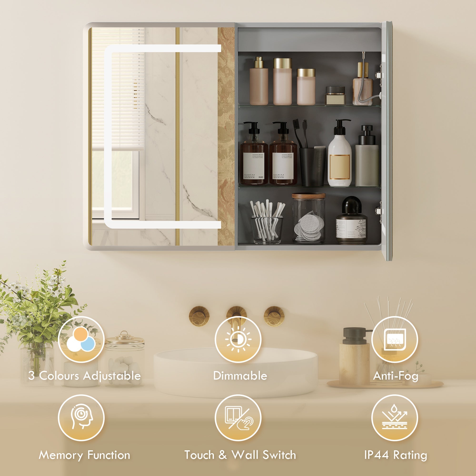 HOMCOM Mirrored Bathroom Cabinet with LED Lights, 60 x 80 cm Bathroom Mirror Cabinet with Anti-Fog, 3 Colour Dimmable Lighting