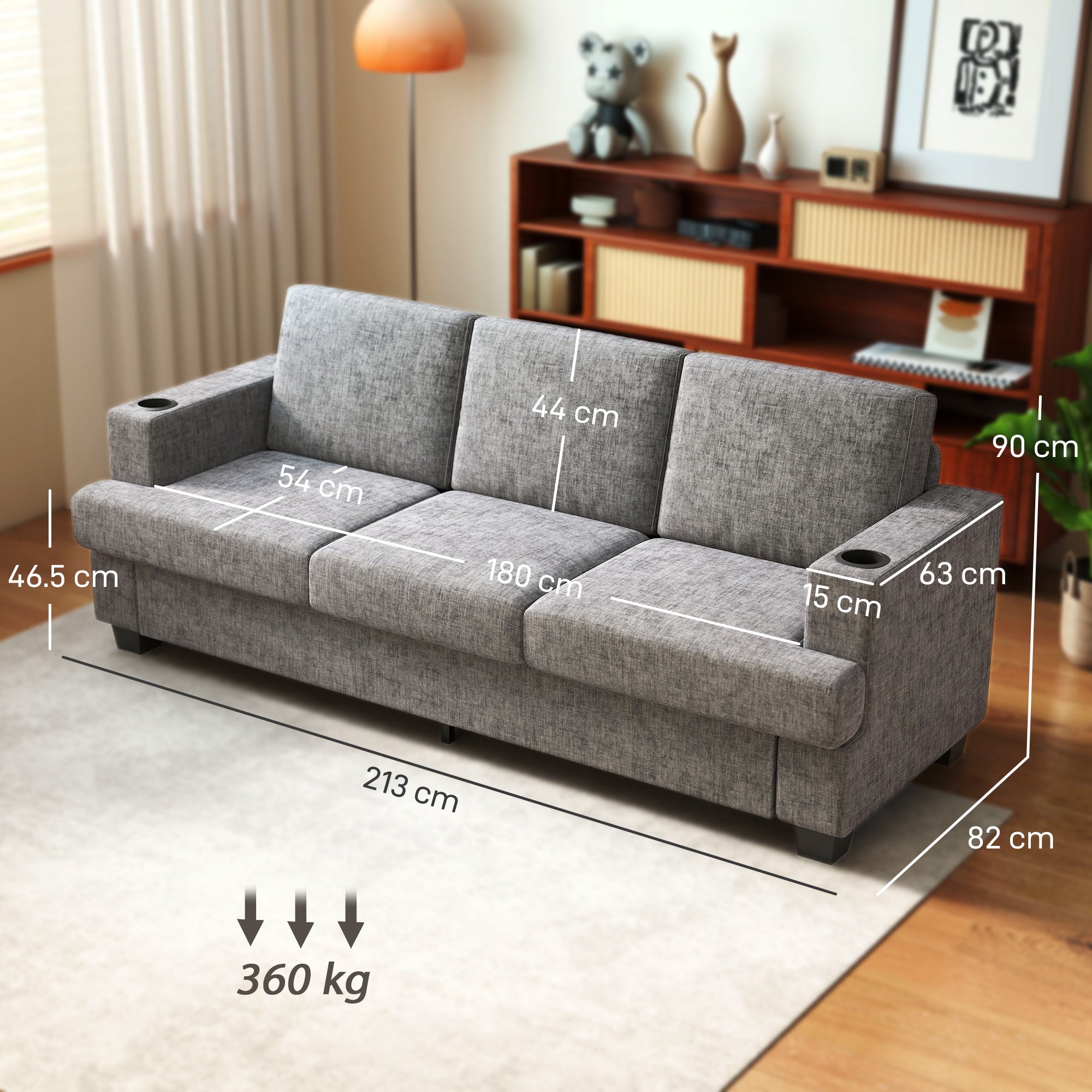 HOMCOM 3 Seater Sofa with USB Ports & Cup Holders - Grey
