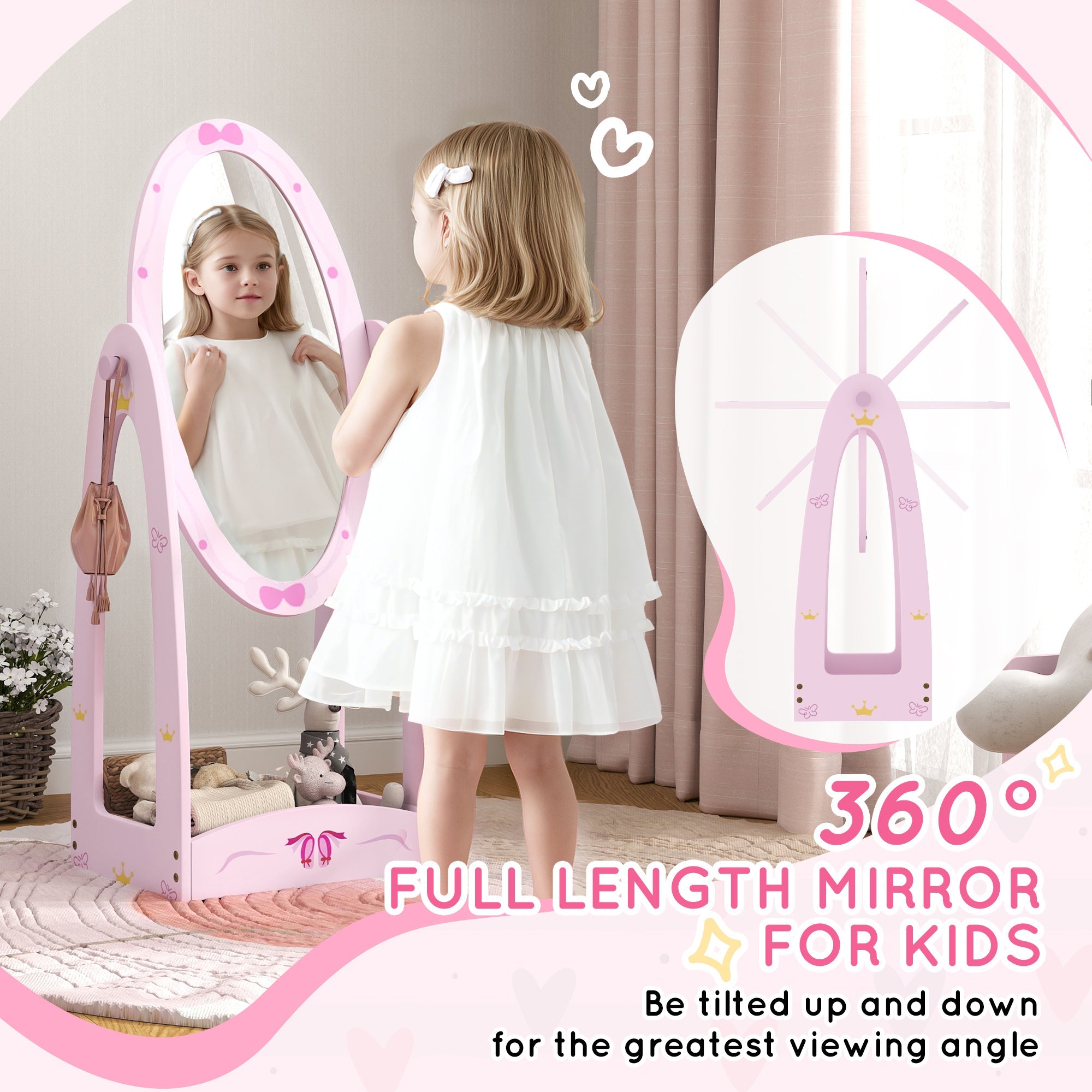 AIYAPLAY Kids Full Length Mirror, 360Â° Rotating Children Standing Mirror with Storage Shelf, Pink