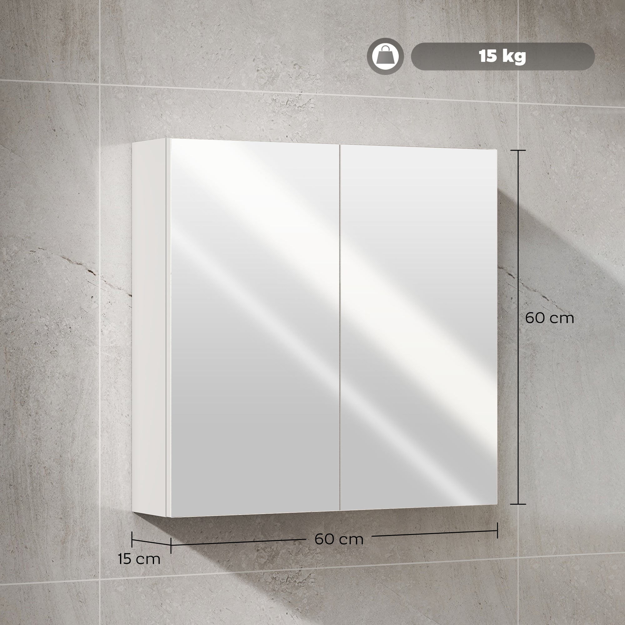 HOMCOM 60 x 15 cm Double Door Bathroom Mirror Cabinet - White