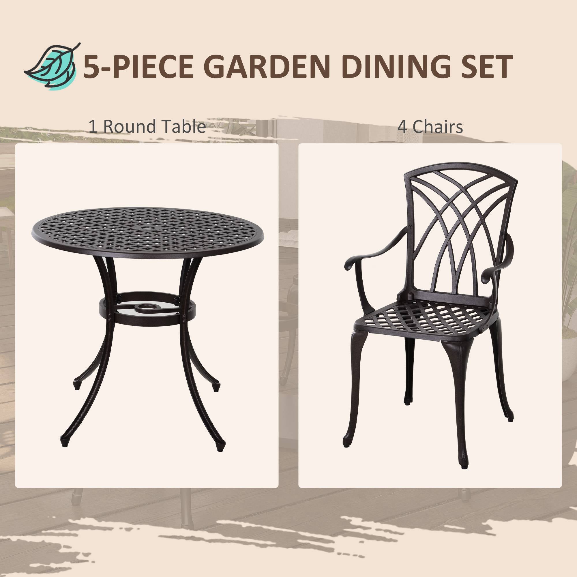 Outsunny 5 Pieces Garden Dining Set for 4, Cast Aluminium Outdoor Dining Set with 4 Armchairs and Round Dining Table with Parasol Hole, Garden Furniture Set, Brown