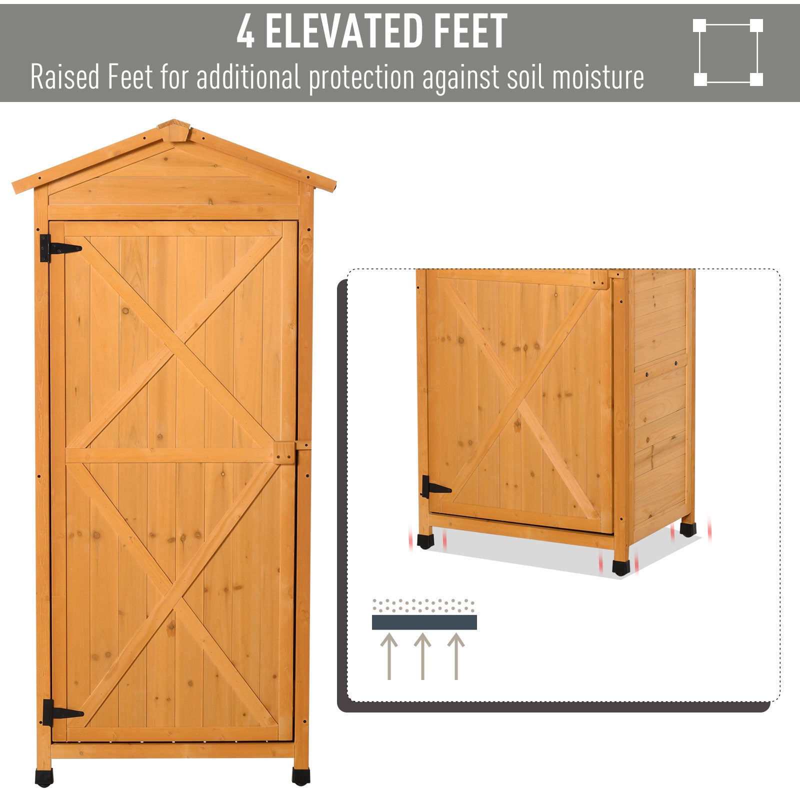 Outsunny Wooden Garden Shed, Outdoor Storage Cabinet with 2 Shelves and Hooks, Locking Organiser Outdoor Narrow Tool House, 74x55x155cm, Yellow