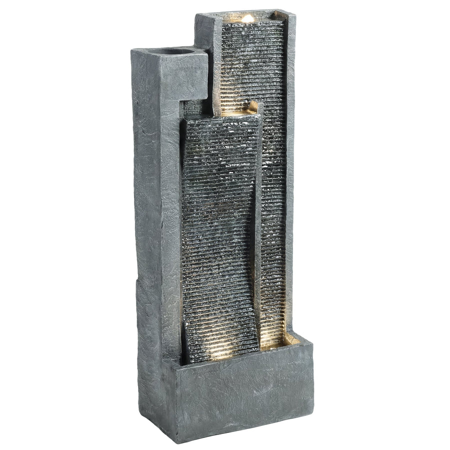 Outsunny Water Feature with LED Lights and Planter, 3-Tier Garden Water Fountain with Pump, Resin Waterfall Feature, Dark Grey