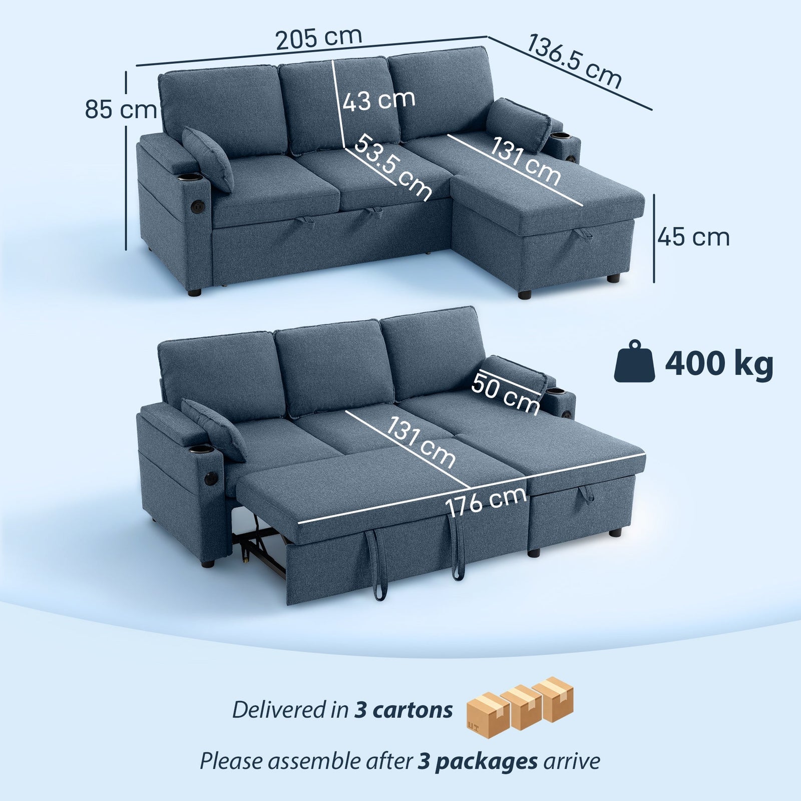 HOMCOM Corner Sofa Bed, L Shaped Sleeper Sectional Sofa with Reversible Storage Chaise, Blue