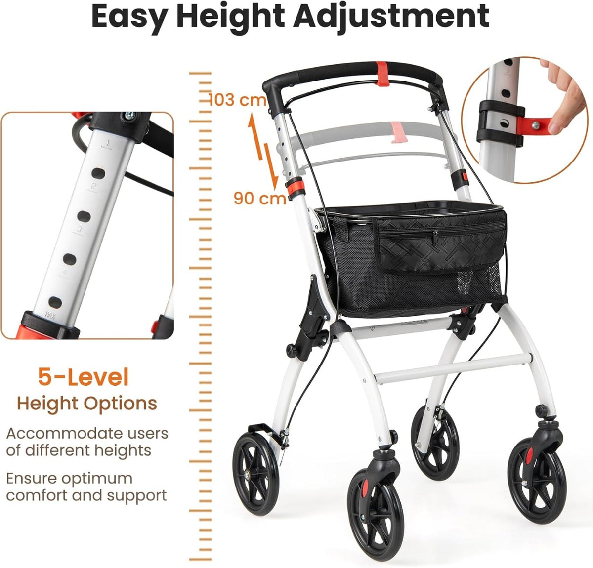 Rollator Walkers Lightweight Foldable Rolling Walker with Tray for Seniors-White