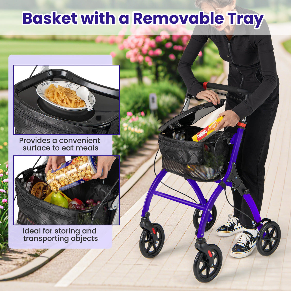 Rollator Walkers Lightweight Foldable Rolling Walker with Tray for Seniors-Purple