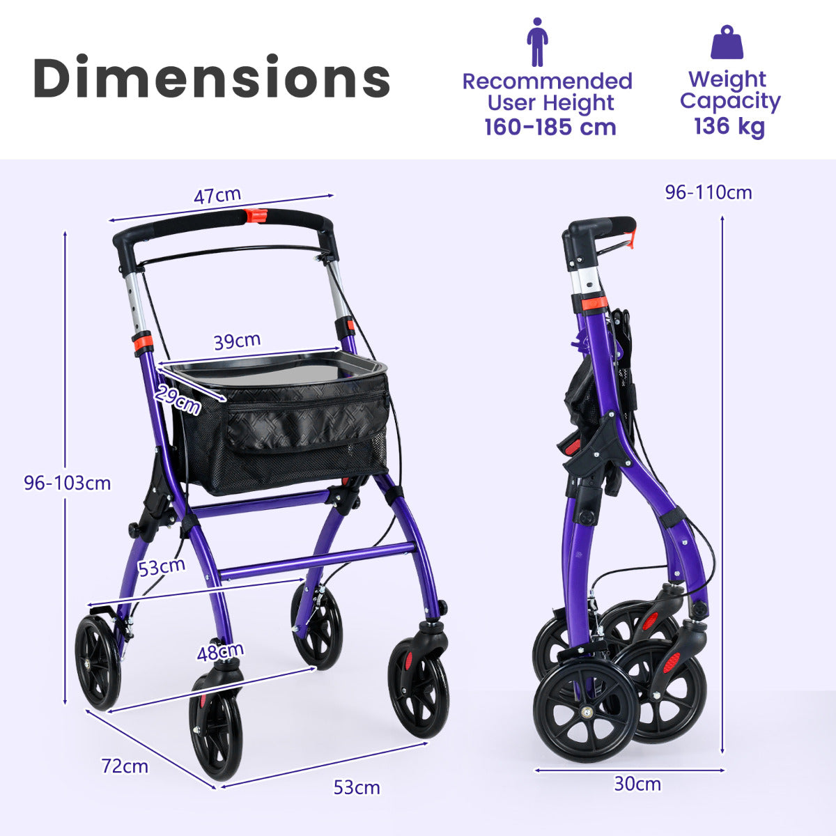 Rollator Walkers Lightweight Foldable Rolling Walker with Tray for Seniors-Purple