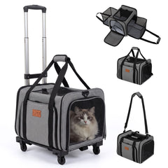 Rolling Cat Carrier with Wheels and Telescopic Handle in Grey