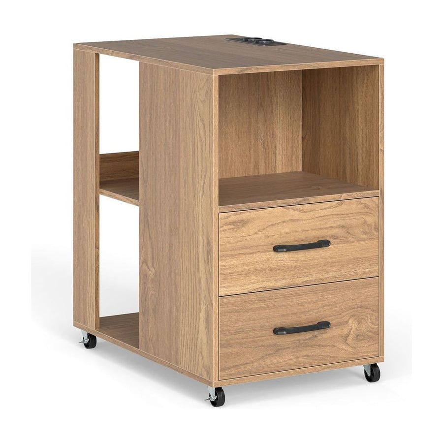 Rolling Nightstand with Storage Drawers and Shelves for Bedroom-Natural