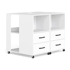 Rolling Nightstand with storage drawers and shelves in white