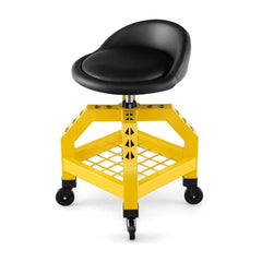 Rolling Seat Mechanic Stool Chair Height Adjustable with Tool Tray-Yellow, a yellow stool with a black seat and wheels