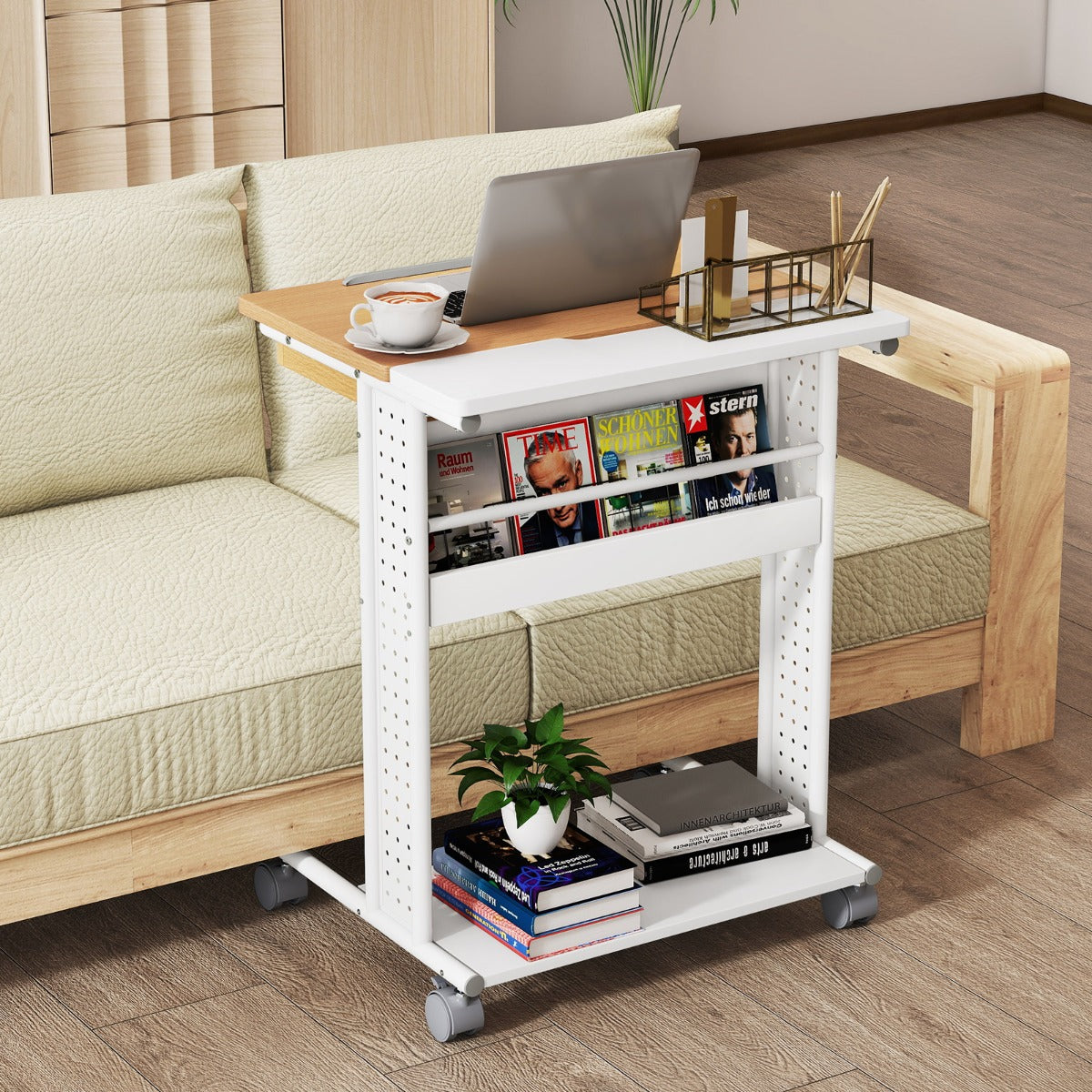 Rolling Portable Desk Laptop Desk C-Shaped Computer Cart-Natural