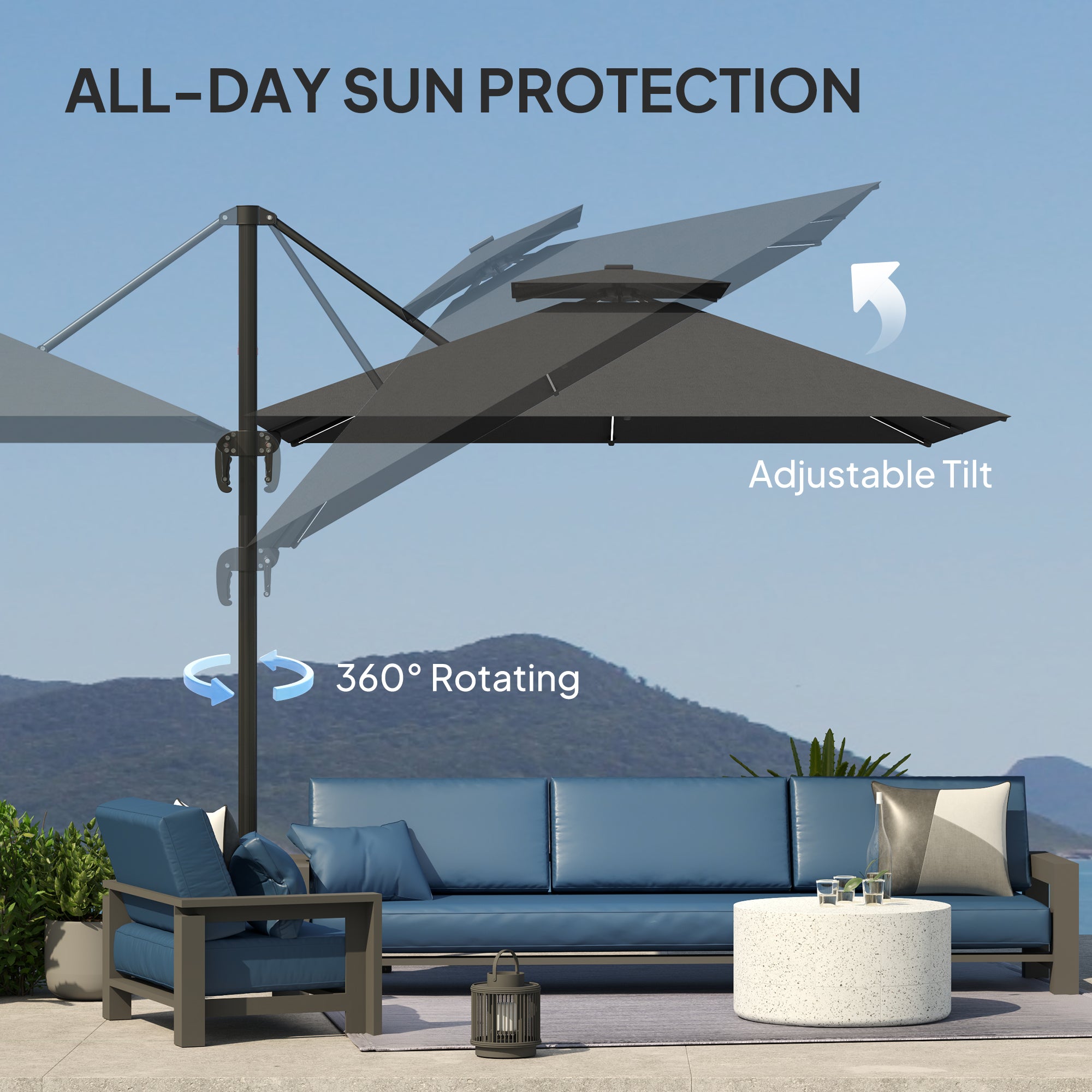 Outsunny 2.5m Cantilever Parasol with Solar Powered LED Lights, 360√Ç¬∞ Rotation, Tilt Adjustment, Crank Handle, Dark Grey