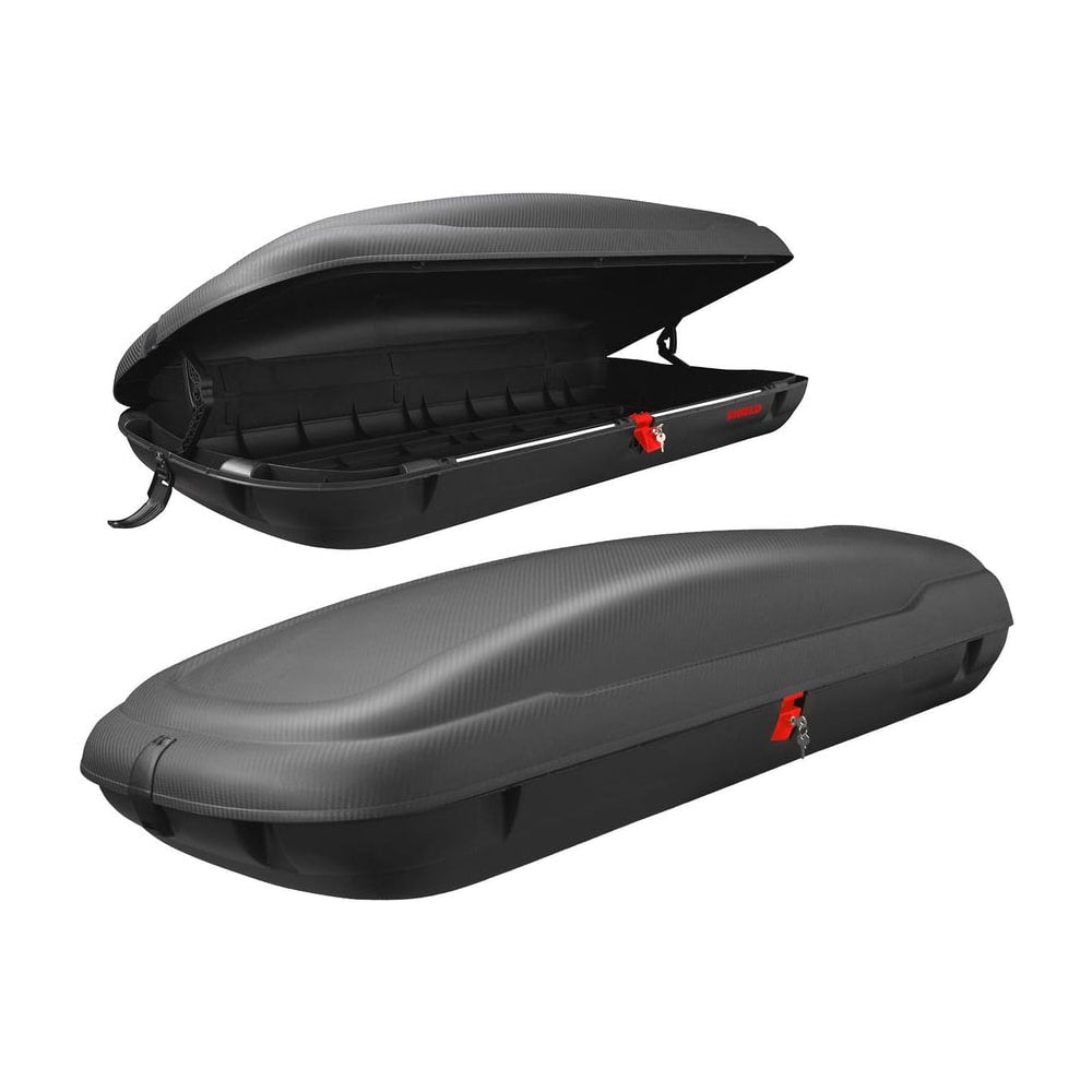 Rooftop Cargo Carrier Hard Shell Car Mount Storage Case open and closed on a white background