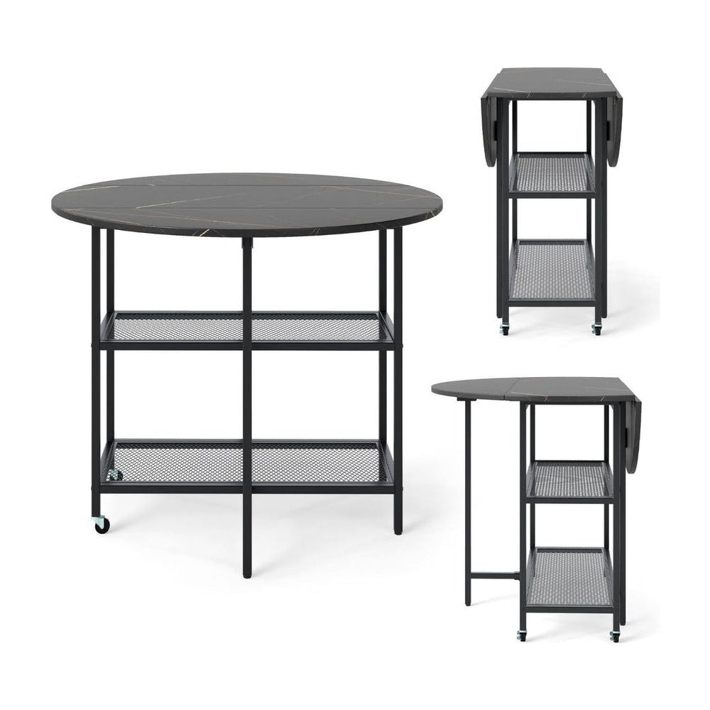 Round Kitchen Table shown in three different configurations with black metal frames and mesh shelves