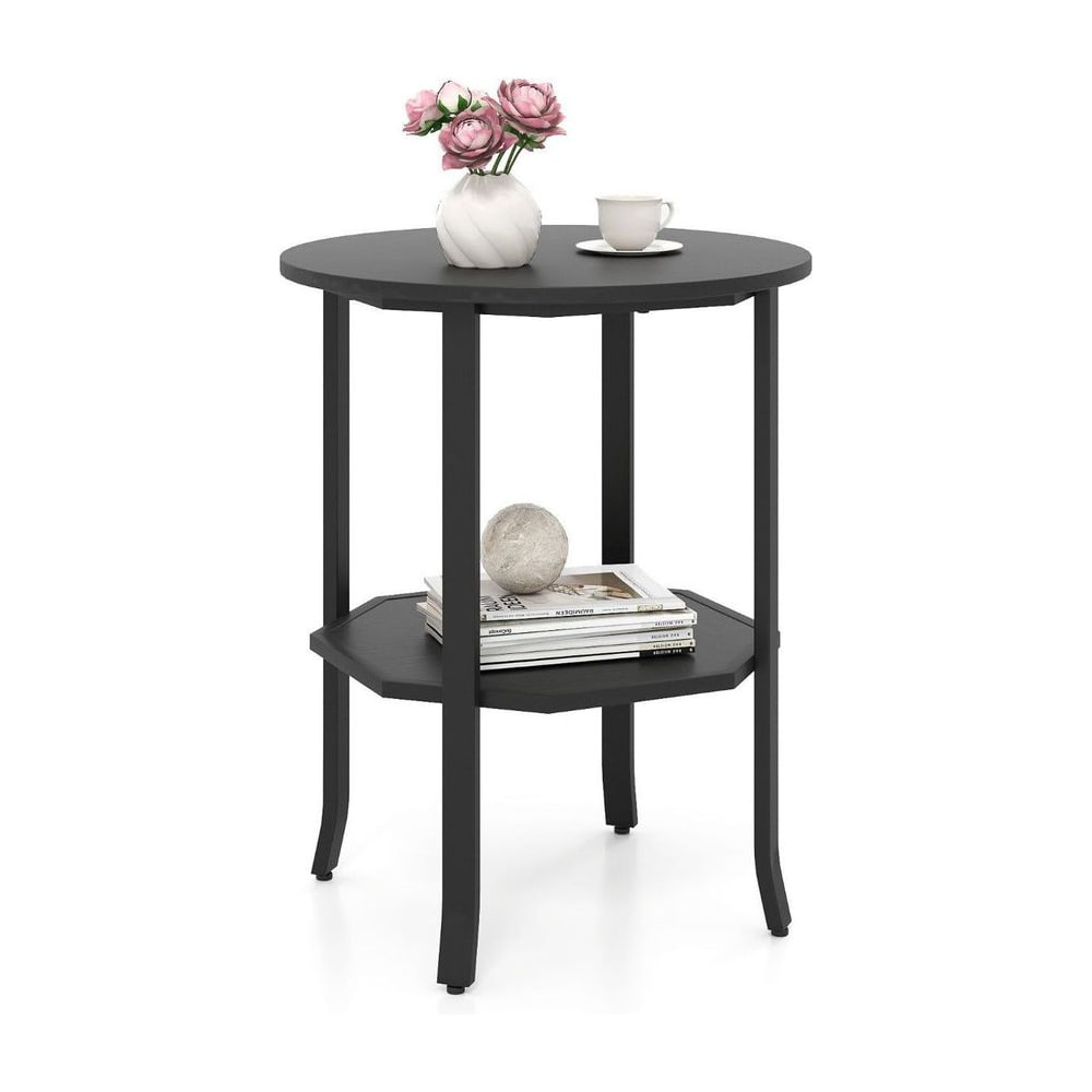 Round Side 2-Tier End Table with Storage Shelf styled with a vase of flowers and books on the shelf