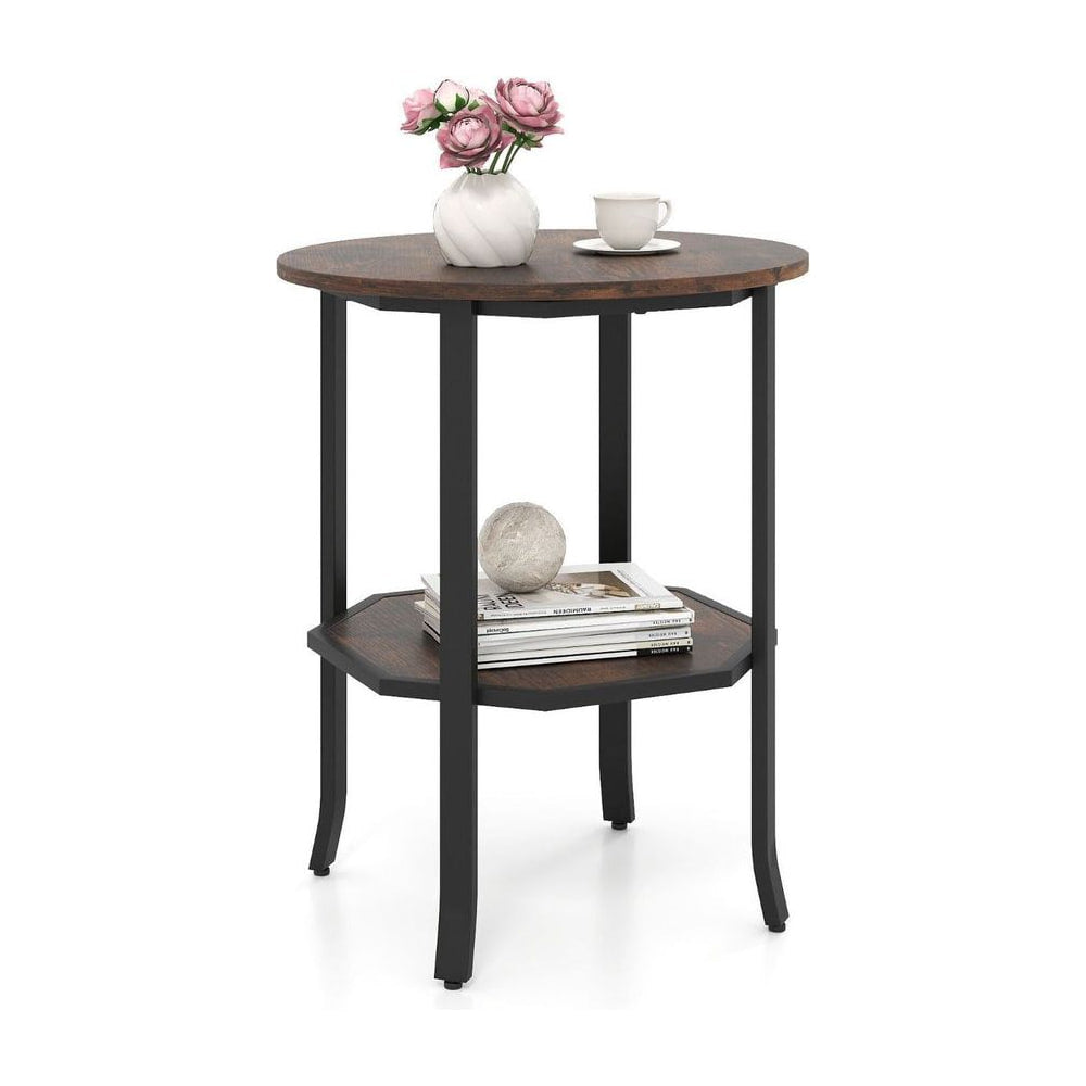 Round Side 2-Tier End Table with Storage Shelf, a rustic brown round table with two shelves and black metal legs