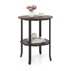 Round Side 2-Tier End Table with Storage Shelf, a rustic brown round table with two shelves and black metal legs