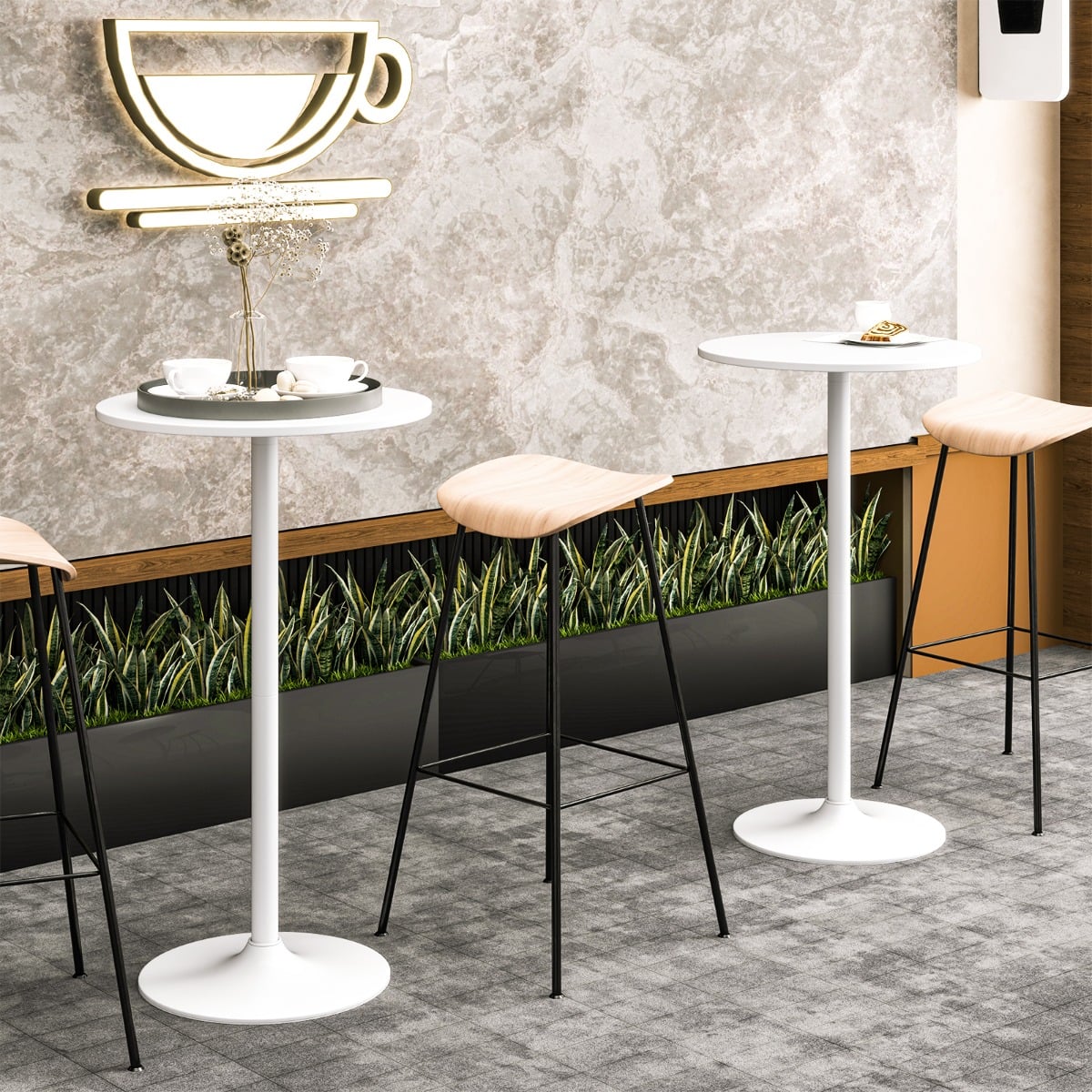 Round Bar Table with Adjustable Height and Metal Base Set of 2-White