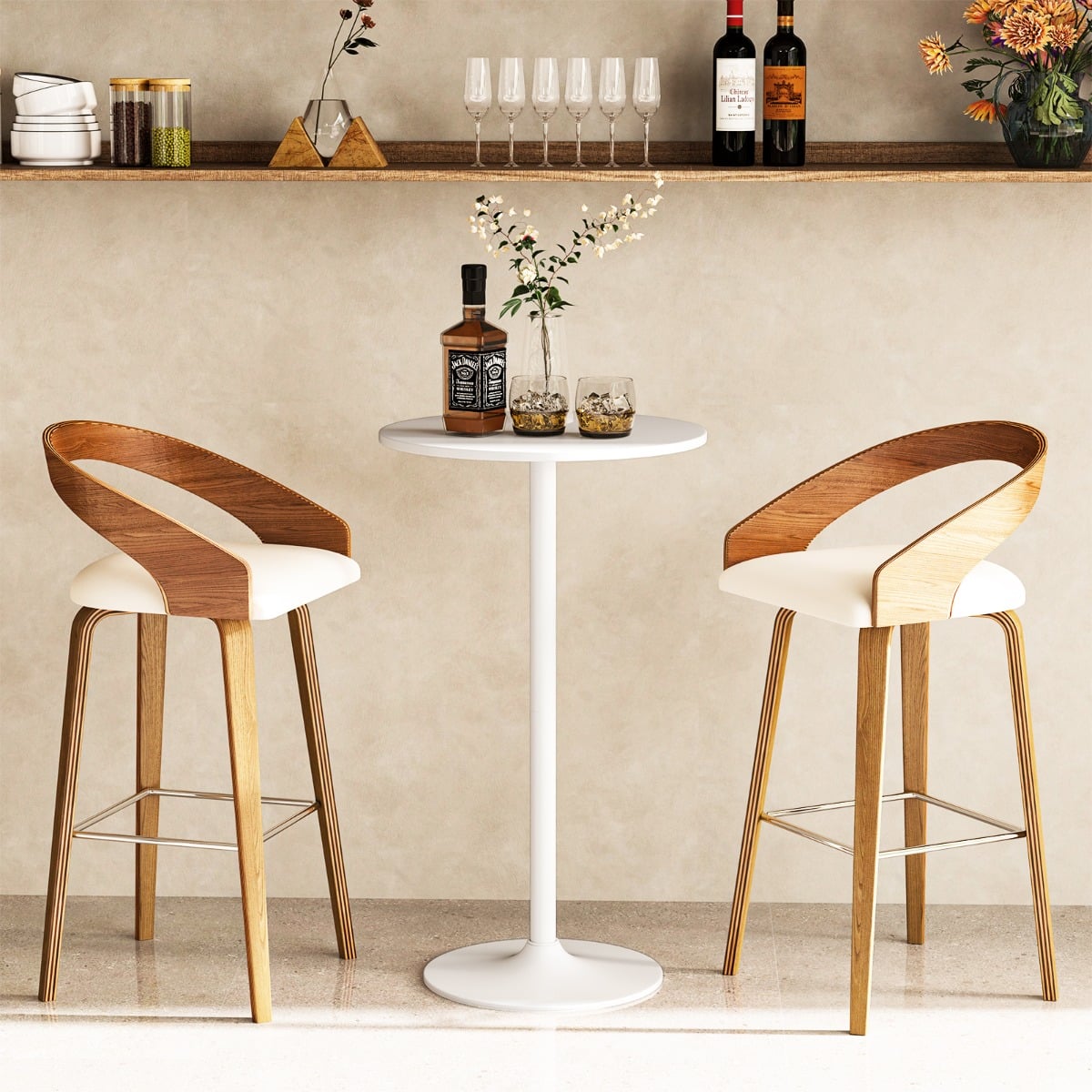 Round Bar Table with Adjustable Height and Metal Base Set of 2-White
