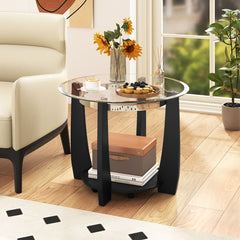 81CM 2-Tier Round Center Table with Storage Shelf and Solid Rubber Wood Legs-Black