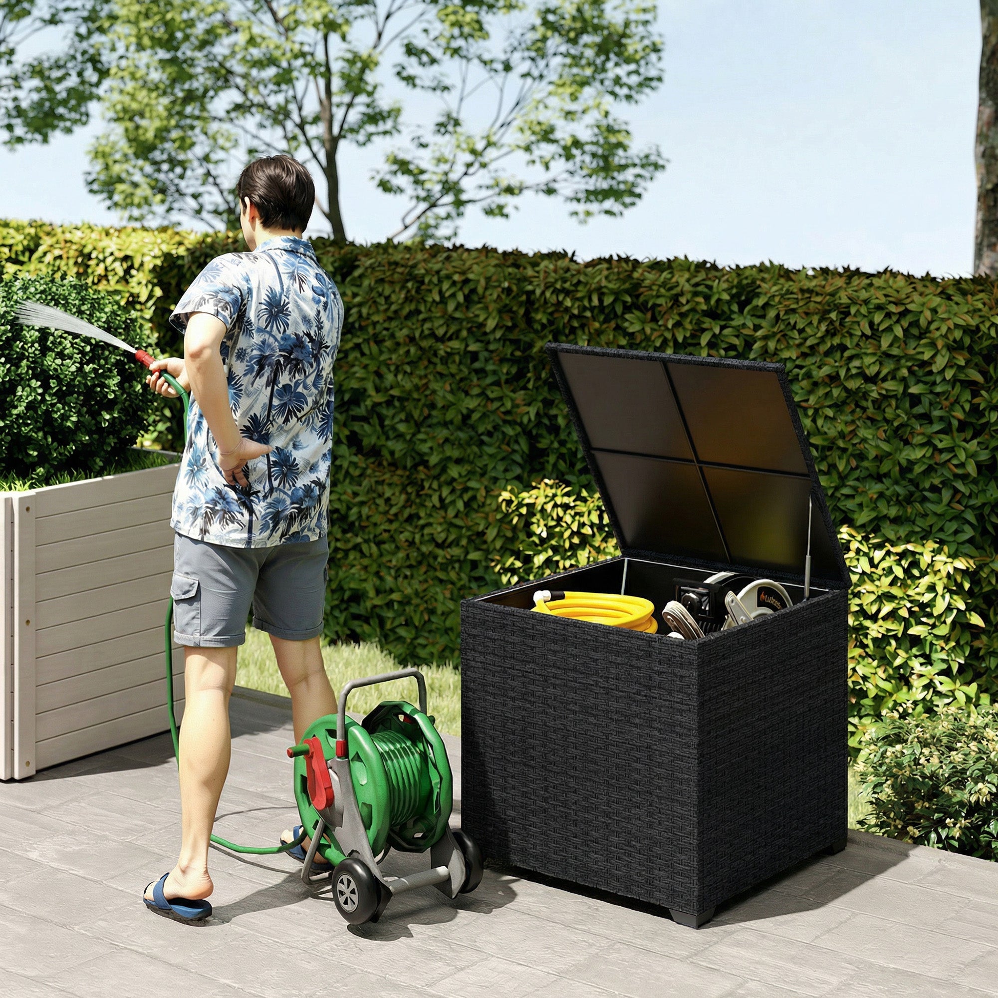 Outsunny 253L Garden Storage Box, Rattan Deck Box with Zipped Liner, Safe Pneumatic Rod, Patio Storage Container, Black