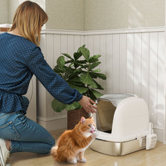 PawHut Stainless Steel Cat Litter Box with Lid, for Cats, Enclosed Cat Litter Box with Flip Cover, Scoop