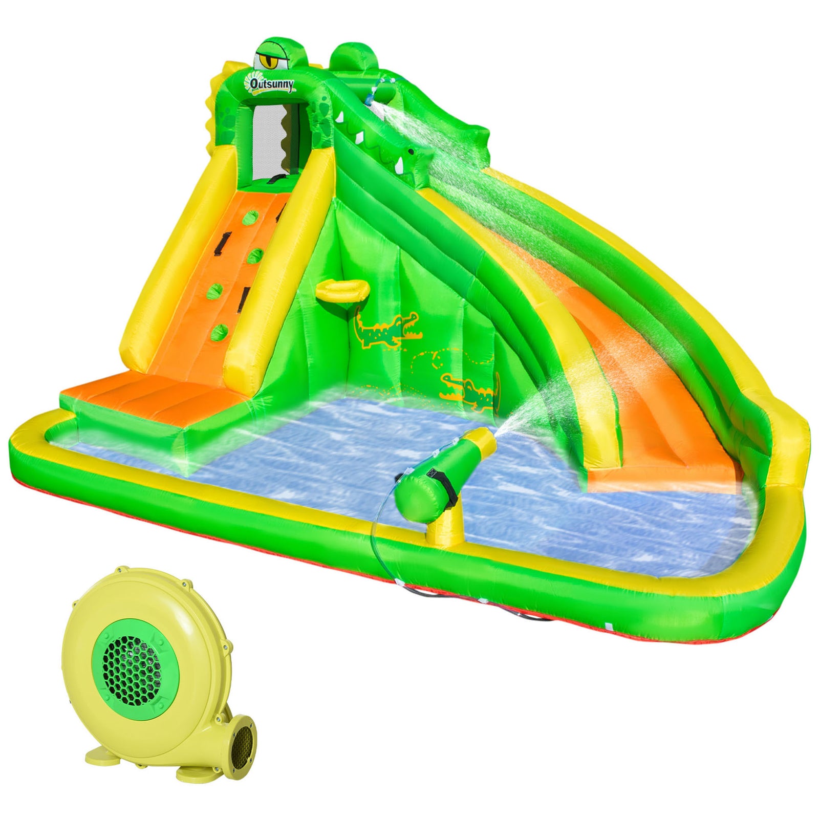 Outsunny Kids Bouncy Castle, 5 in 1 Large Crocodile Style Inflatable House Slide Basket Water Pool Gun Climbing Wall with Blower Carrybag for Kids Age 3-8, 3.85 x 2.85 x 2.25m
