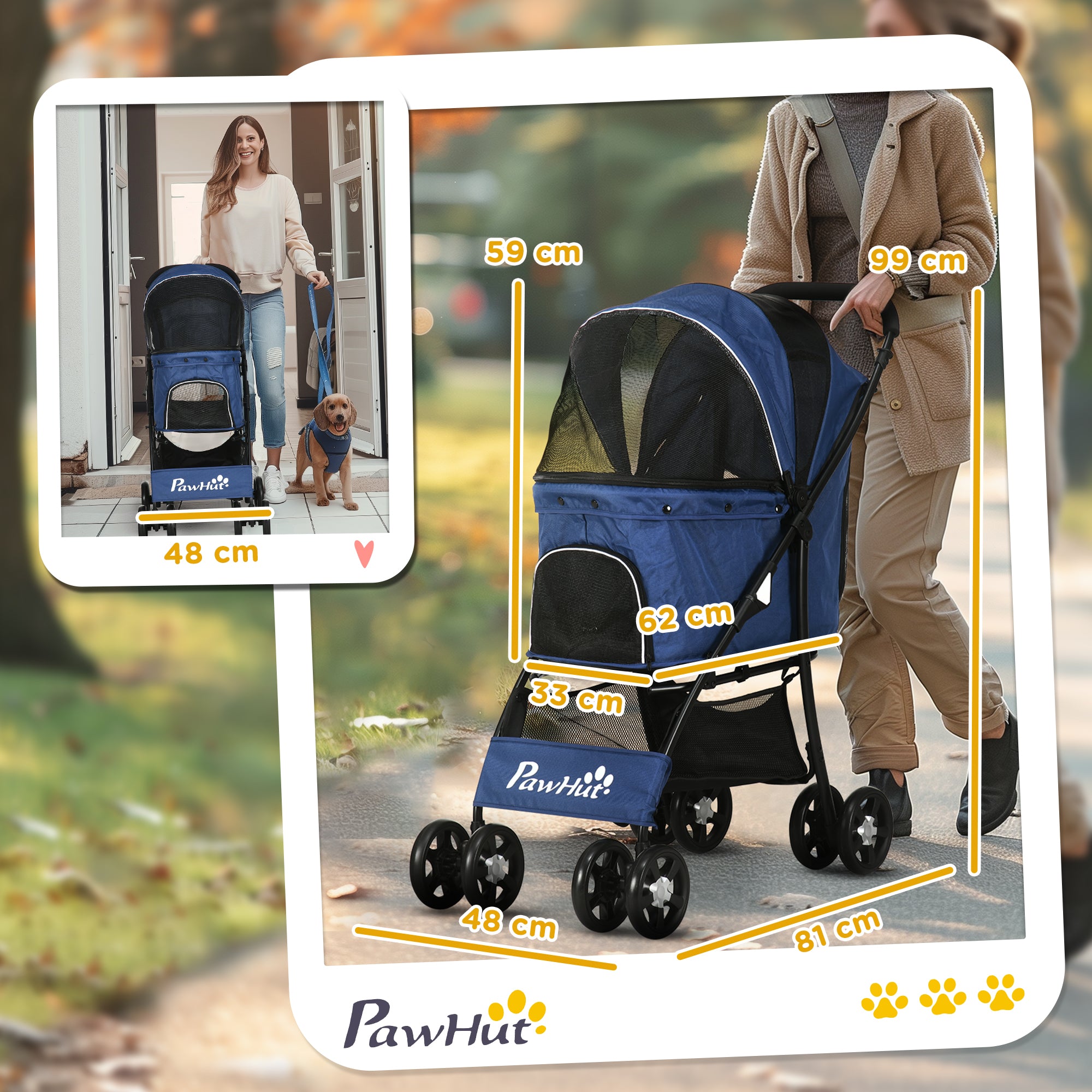 PawHut Foldable Pet Stroller for Dogs, Puppy Stroller, with Large Carriage, Brakes, Canopy - Blue
