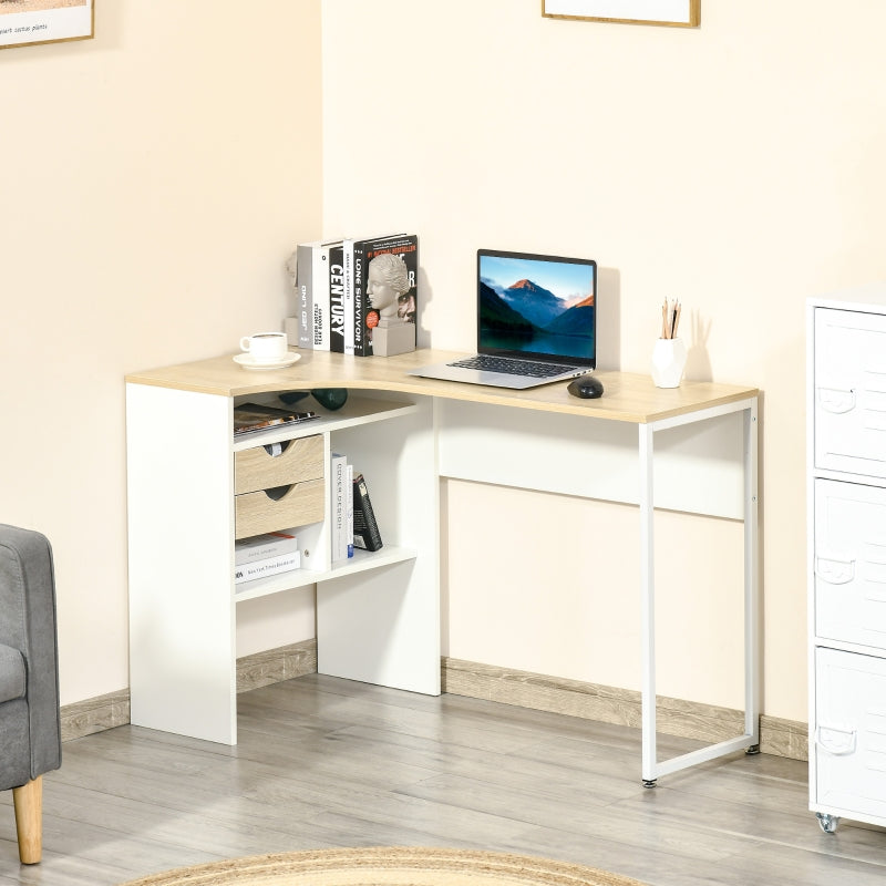 HOMCOM L-Shaped Computer Desk, Corner Desk with Drawers and Storage Compartments, Home Office Desk