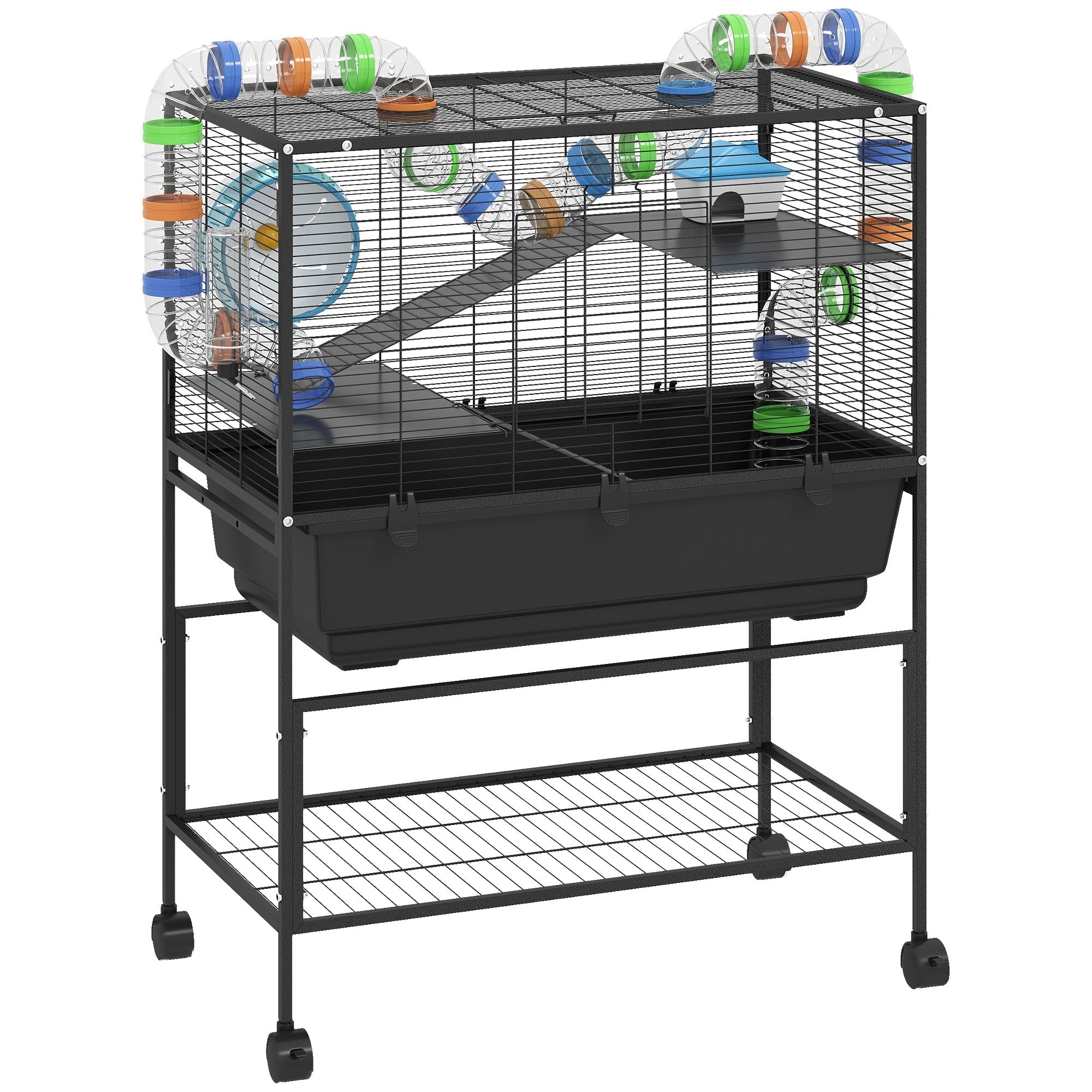 PawHut 3 Tier Large Hamster Cage on Wheels with 17 cm Deep Tray, Storage Shelf for Syrian, Gerbil, Rats