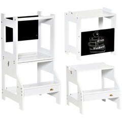 HOMCOM 2 in 1 Kids Kitchen Step Stool with Safety Rail Toddler Steps with Chalkboard for Kitchen Bathroom, White