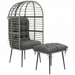 Outsunny Garden Egg Chair with Footstool, Rattan Indoor Outdoor Lounge Chair and Ottoman Set with Thick Cushions, Light Grey