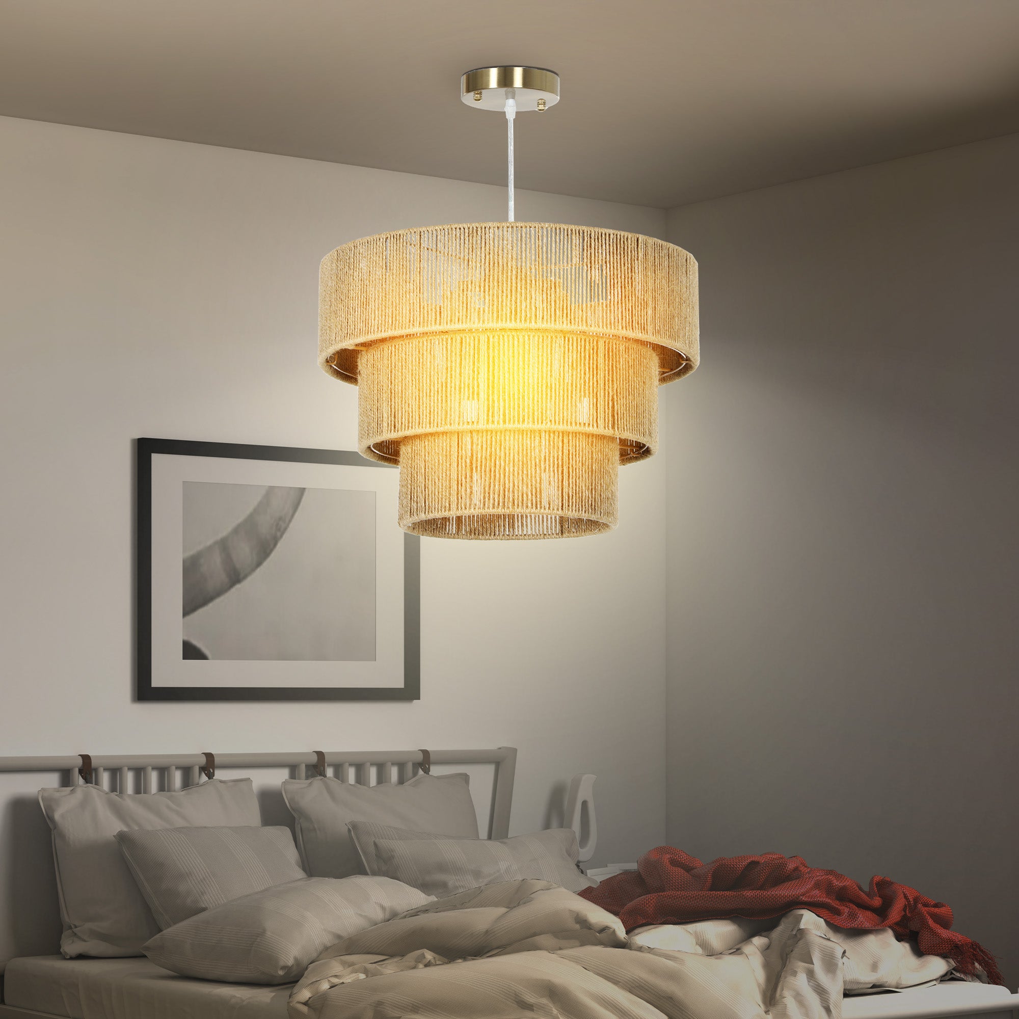 HOMCOM Hemp Rope Ceiling Light, 3-Layer Boho Pendant Light, E14 Vintage Ceiling Lamp Fixtures for Living Room, Bedroom, Kitchen, Hallway, Light Brown