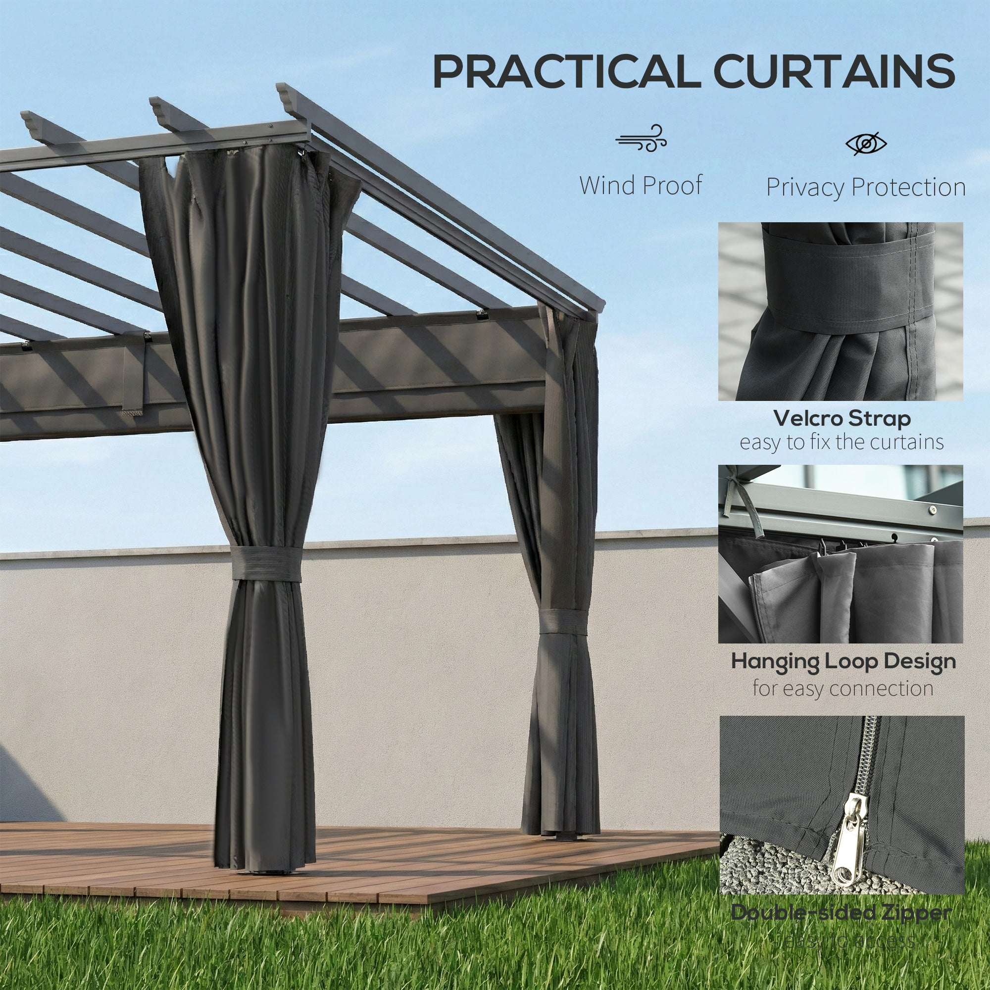 Outsunny 3.6 x 3 m Pergola with Retractable Roof Canopy, Curtains, Aluminium Garden Pergola Gazebo Sun Shade Shelter, Dark Grey