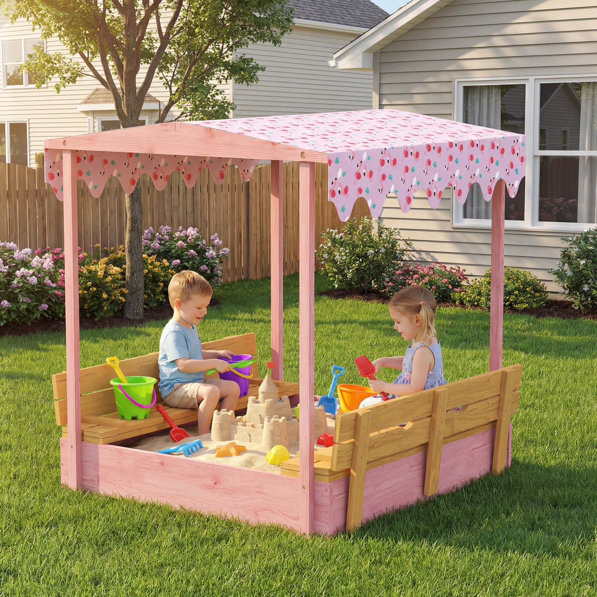 AIYAPLAY Wooden Sandbox with Lid, Flamingos Print Canopy, Kids Outdoor Sand Pit with Foldable Bench Seats, Bottom Liner, Pink
