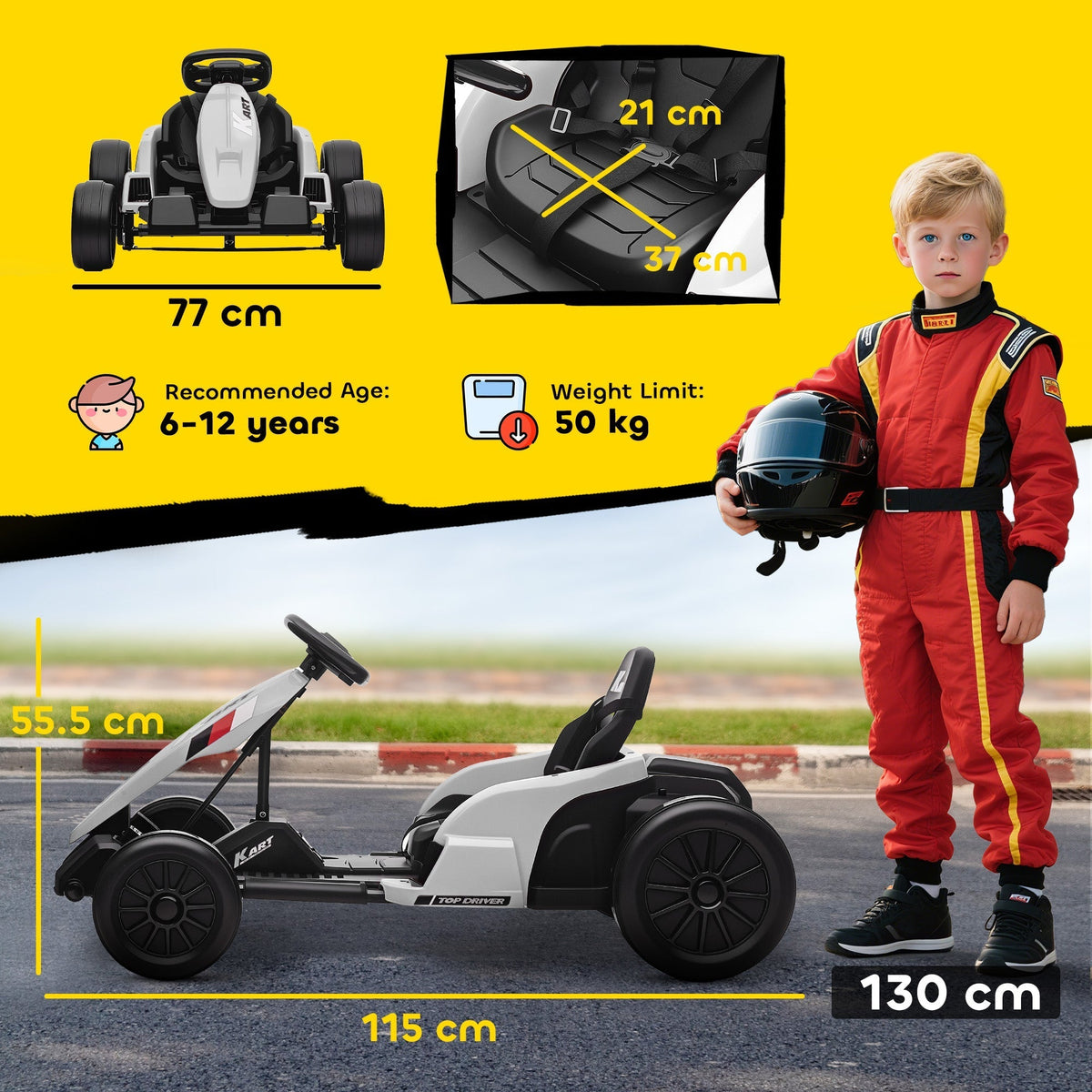 AIYAPLAY 24V Electric Go Kart, Drift Kart with Adjustable Seat, Slow Start, 5-Point Harness, Music, Horn, for 6-12 Years, White