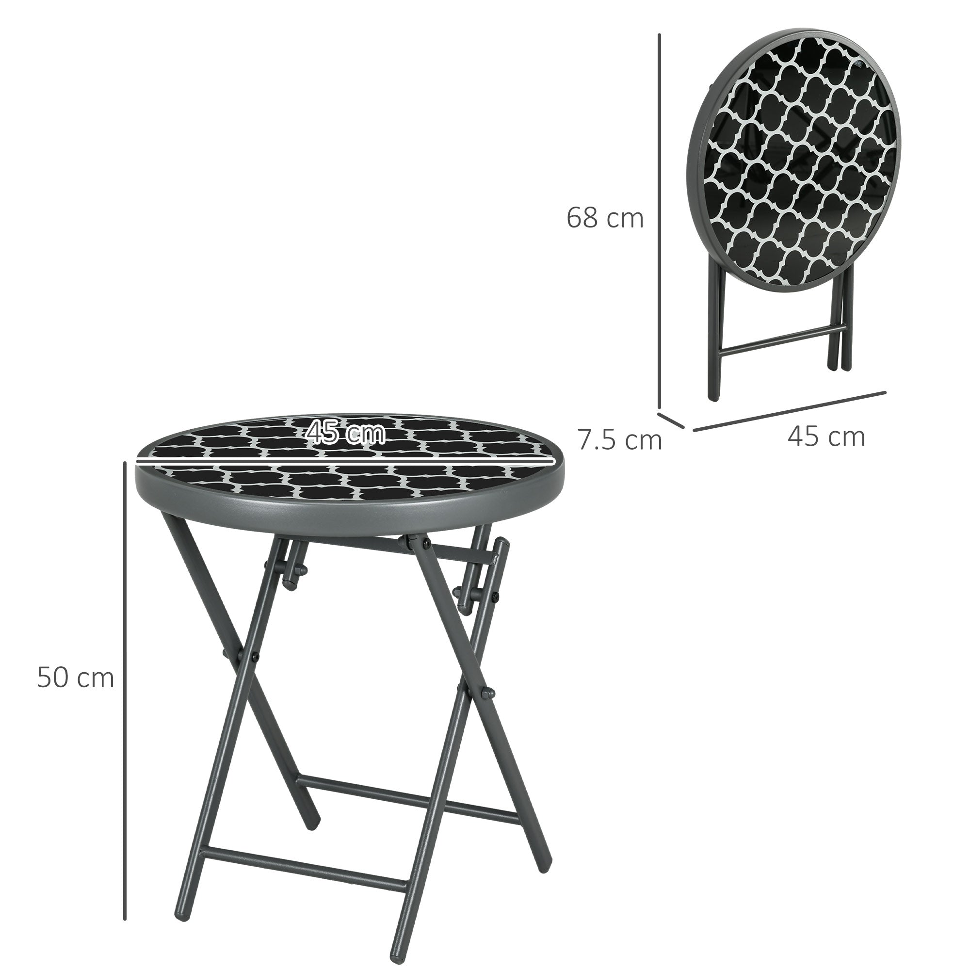 Outsunny 45cm Garden Side Table, Outdoor Round Folding Patio Table with Imitation Marble Glass Top, Small Coffee Table, Black and White