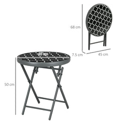 Outsunny Φ45cm Garden Side Table, Outdoor Round Folding Patio Table with Imitation Marble Glass Top, Small Coffee Table, Black and White